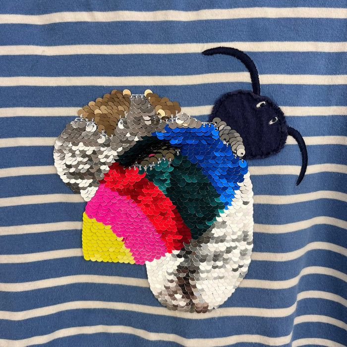 Mini Boden Short Sleeve Sequin Flip T-Shirt Elizabethan Blue Ivory Bee 5-6