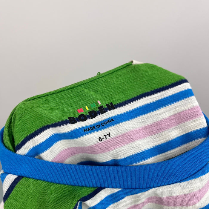 Mini Boden Short Sleeve Striped Pocket T-Shirt Green Blue 6-7 NWOT