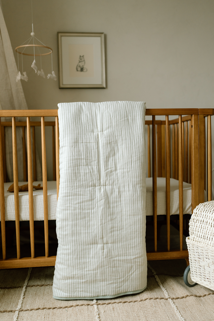 Oilo Sea Moss Sage Green Stripe Premium Muslin Crib Quilt & Sham Set