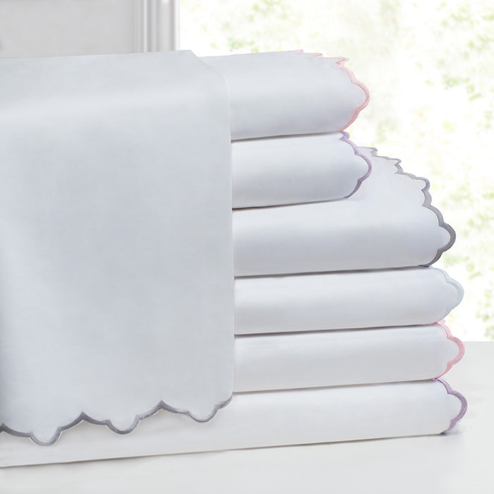 Pink Scalloped Embroidered Sheet Set (Fitted, Flat, & Pillow Cases)