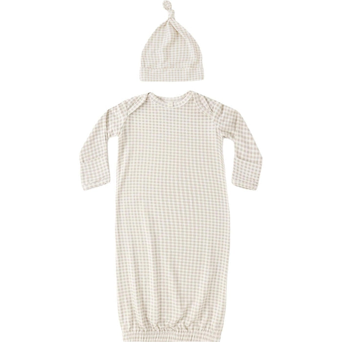 Quincy Mae Bamboo Baby Gown + Hat Set || Oat Gingham