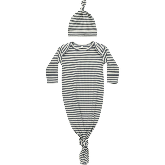 Quincy Mae Knotted Baby Gown + Hat Set | Indigo Stripe