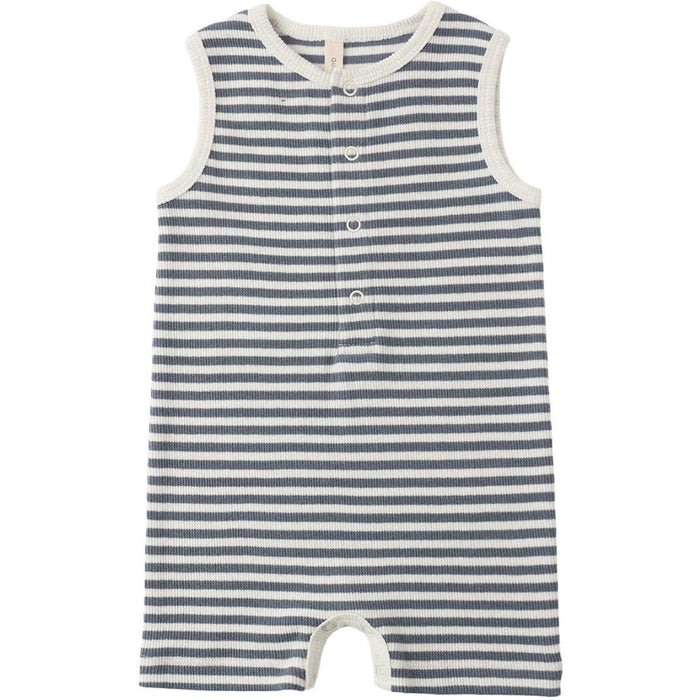 Quincy Mae Ribbed Henley Romper || Ocean Stripe