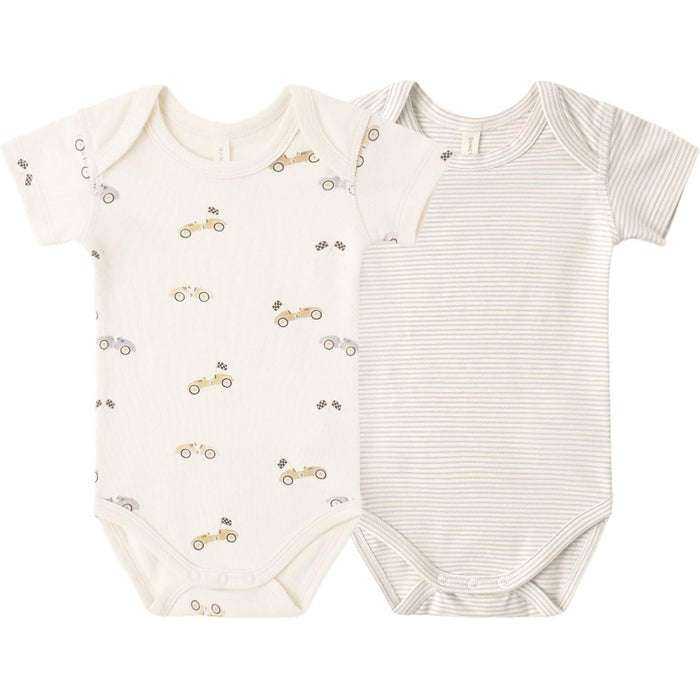 Quincy Mae Short Sleeve Bodysuit Pack || Race Car, Oat Micro Stripe