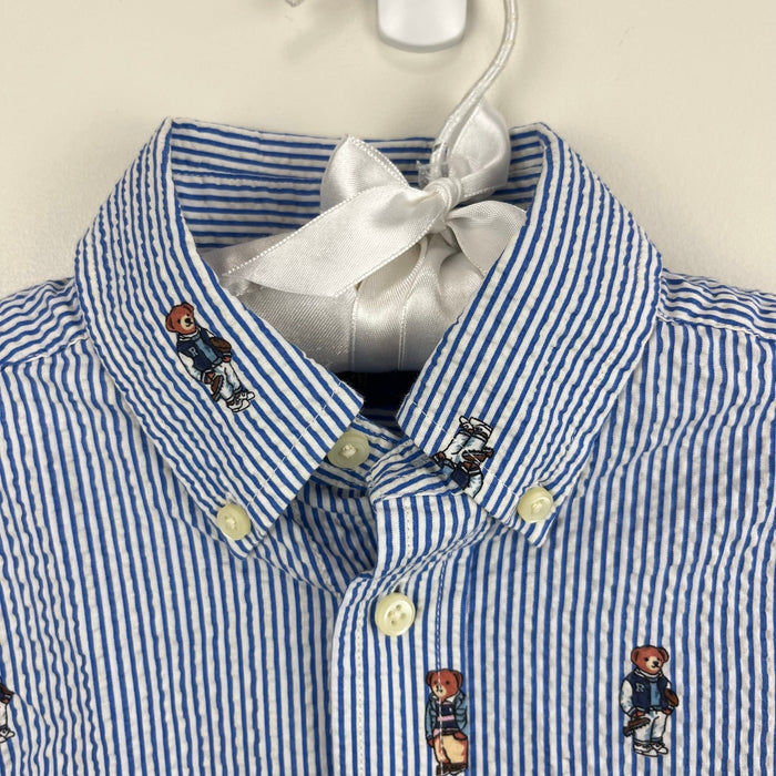Ralph Lauren Blue Seersucker Bear Button Down Shirt 4T