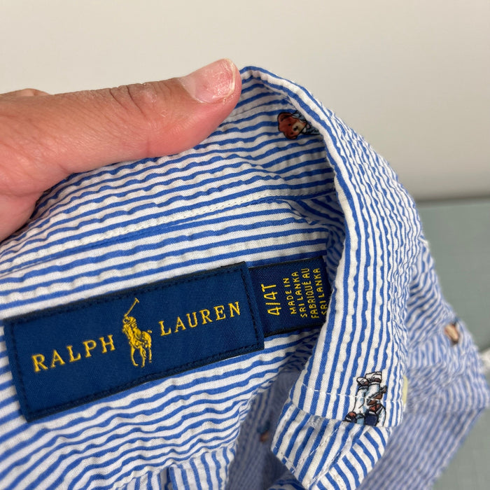 Ralph Lauren Blue Seersucker Bear Button Down Shirt 4T