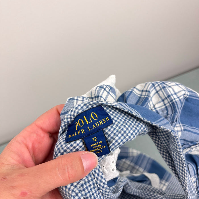 Ralph Lauren Girls Mixed Plaid Cotton Madras Dress Cottage White Blue 12