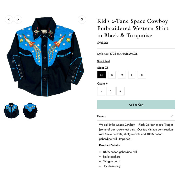 Rockmount Ranch Wear Kids Space Cowboy Western Shirt Black Turquoise S NWT