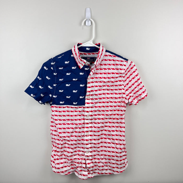 Vineyard Vines Boy's Short Sleeve Button Down Murray Whale Shirt USA White Cap S 8-10