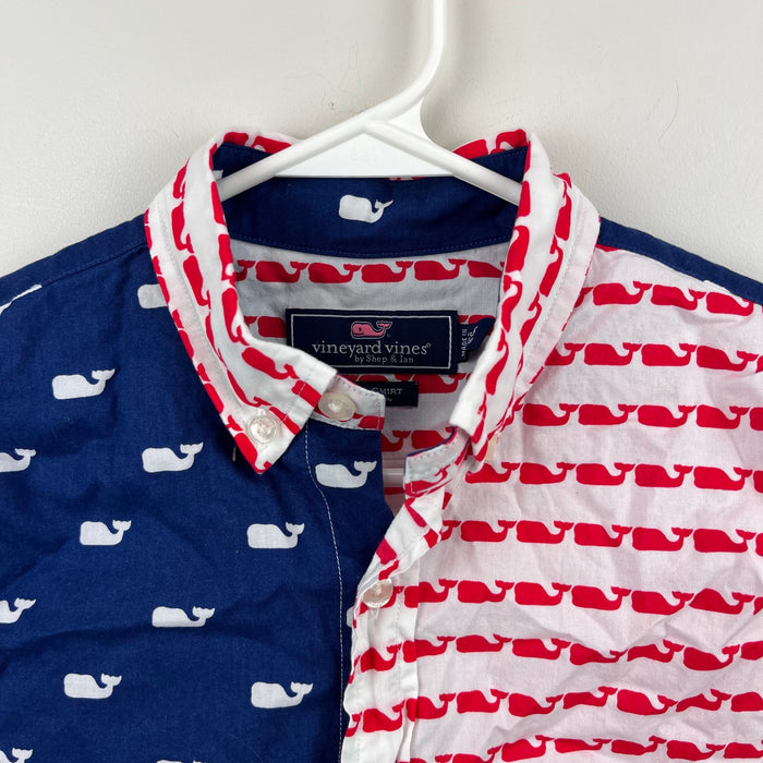 Vineyard Vines Boy's Short Sleeve Button Down Murray Whale Shirt USA White Cap S 8-10