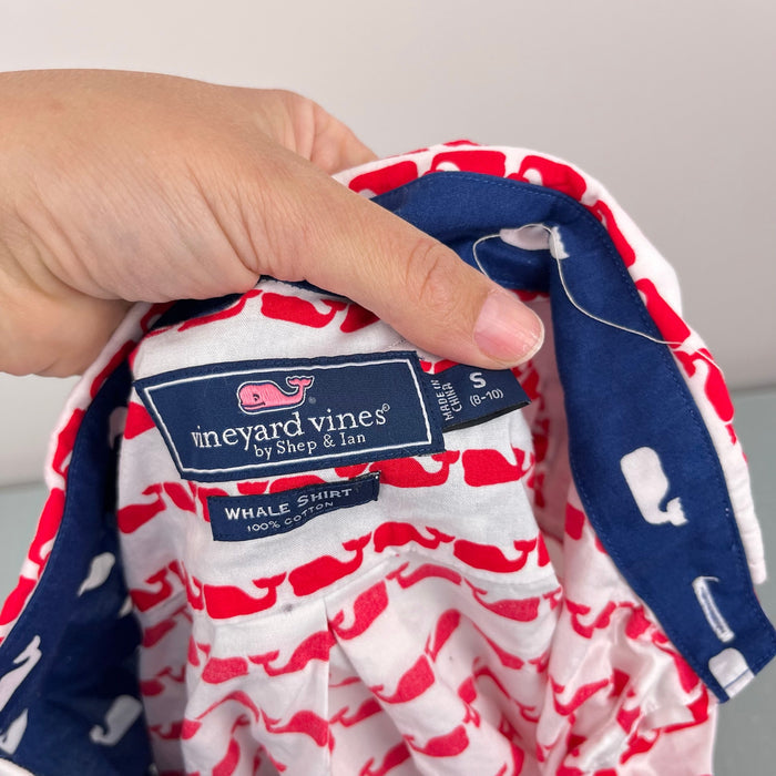 Vineyard Vines Boy's Short Sleeve Button Down Murray Whale Shirt USA White Cap S 8-10