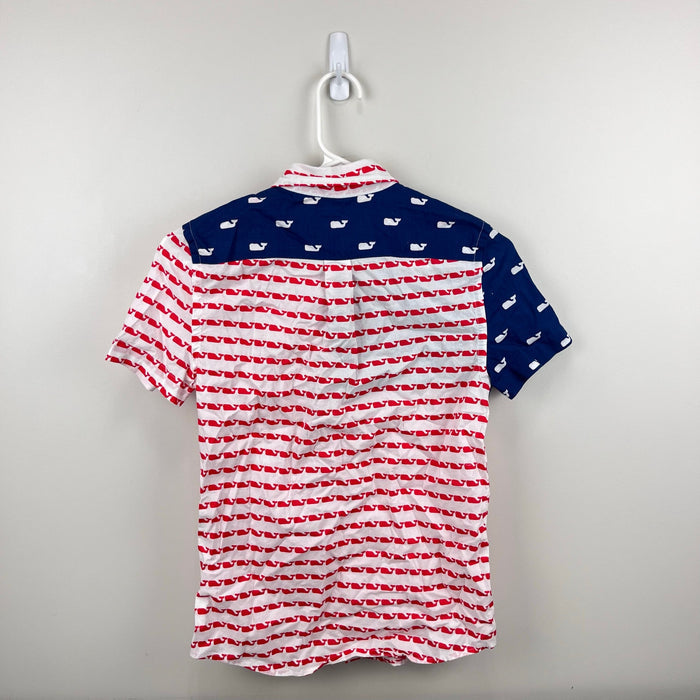 Vineyard Vines Boy's Short Sleeve Button Down Murray Whale Shirt USA White Cap S 8-10