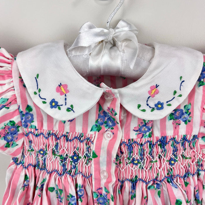 Vintage Allison Ann Smocked Pink Floral Stripe Romper 6-9 Months