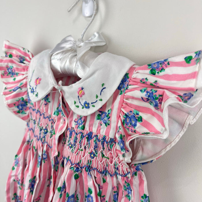 Vintage Allison Ann Smocked Pink Floral Stripe Romper 6-9 Months