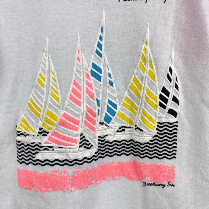 Vintage Breakaway White Pink Neon Puff Paint Sailboat T-Shirt M 6-8 USA