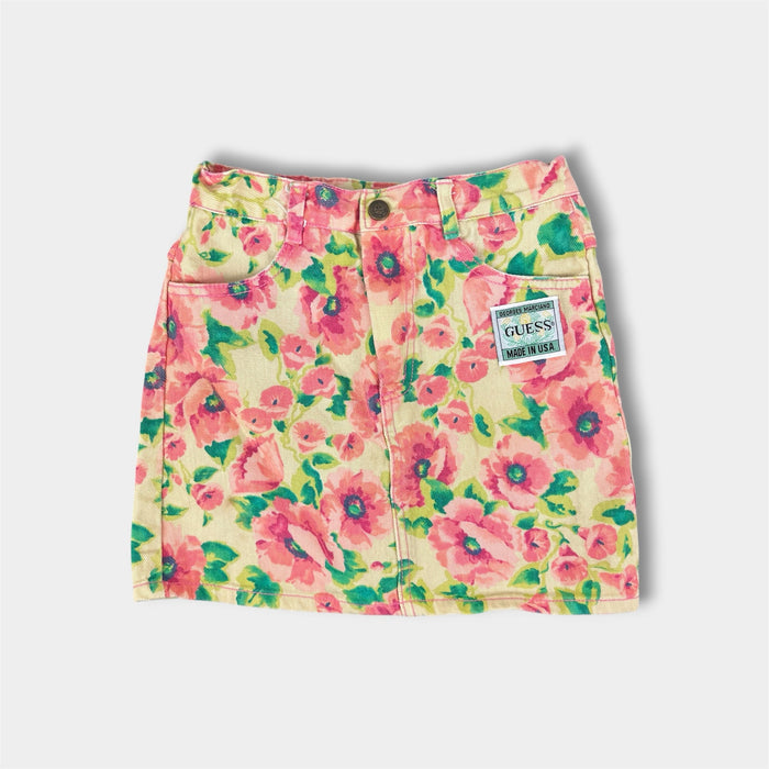 Vintage Guess Pink Yellow Floral Denim Skirt 6 USA