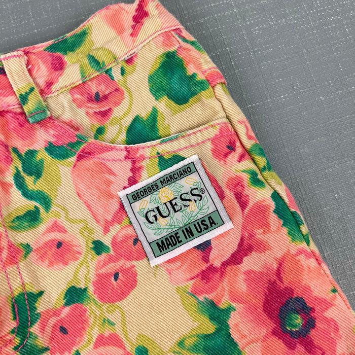 Vintage Guess Pink Yellow Floral Denim Skirt 6 USA
