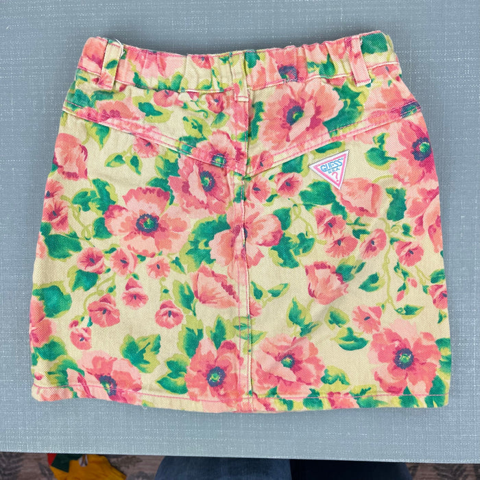 Vintage Guess Pink Yellow Floral Denim Skirt 6 USA