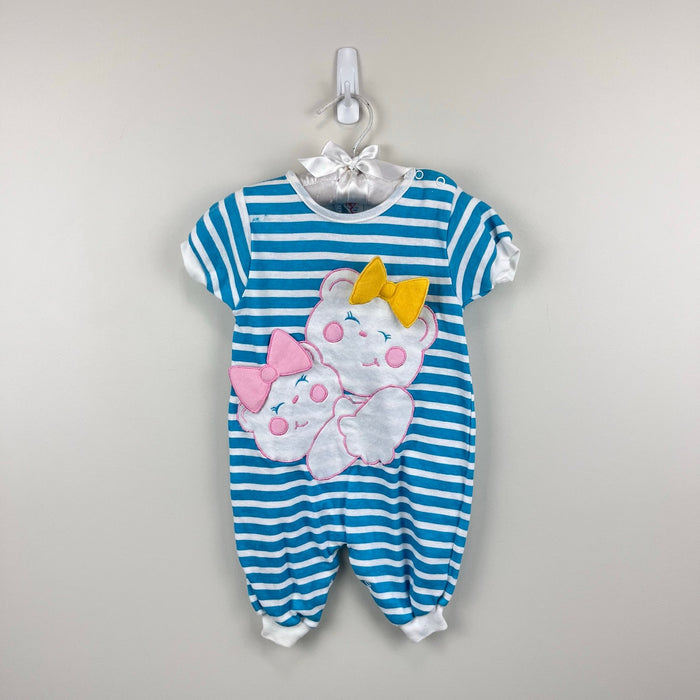 Vintage Hopscotch Blue Striped Teddy Bear Bow Romper 0-6 Months