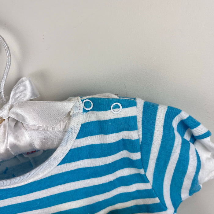 Vintage Hopscotch Blue Striped Teddy Bear Bow Romper 0-6 Months