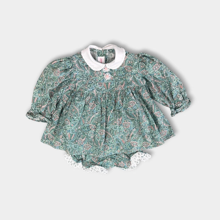 Vintage Janes Green Paisley Floral Lace Dress & Bloomers Set Baby Girl