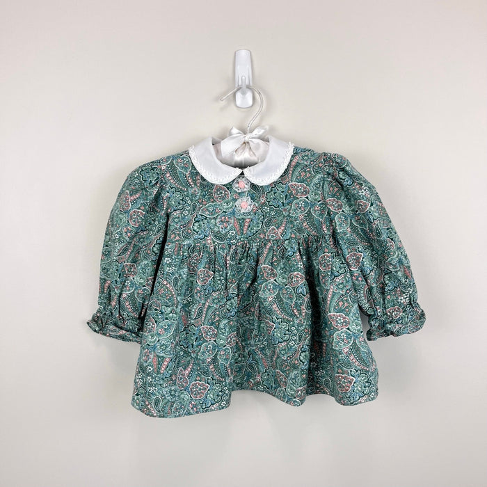 Vintage Janes Green Paisley Floral Lace Dress & Bloomers Set Baby Girl