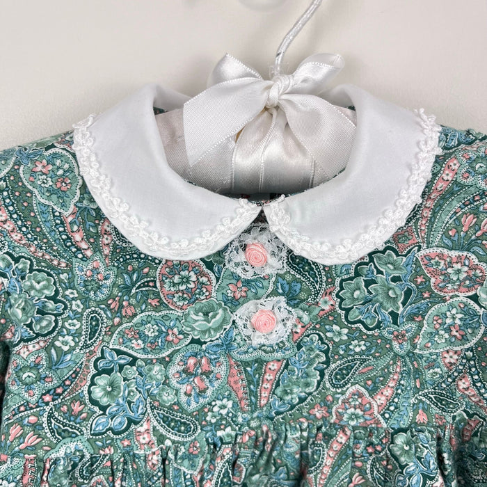 Vintage Janes Green Paisley Floral Lace Dress & Bloomers Set Baby Girl
