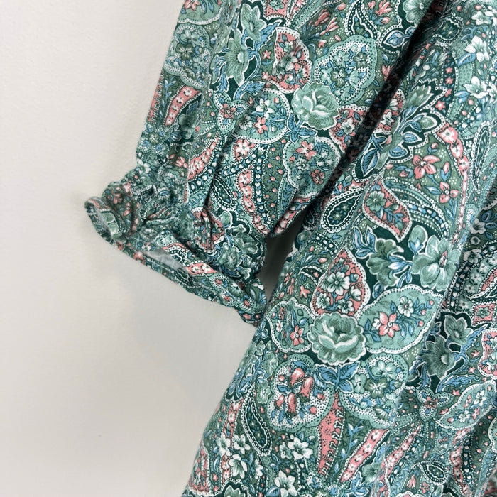 Vintage Janes Green Paisley Floral Lace Dress & Bloomers Set Baby Girl