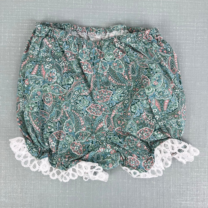 Vintage Janes Green Paisley Floral Lace Dress & Bloomers Set Baby Girl