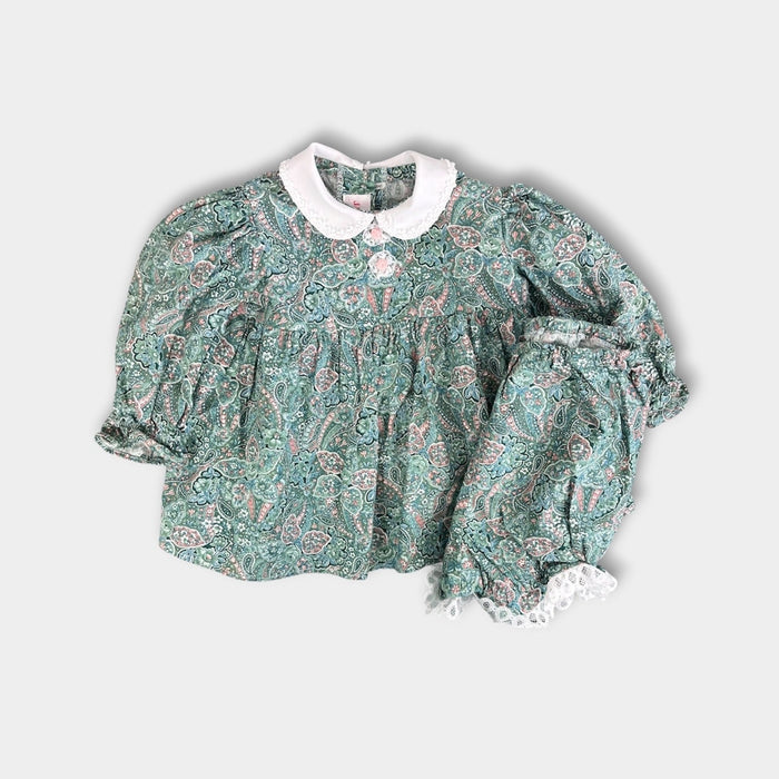 Vintage Janes Green Paisley Floral Lace Dress & Bloomers Set Baby Girl